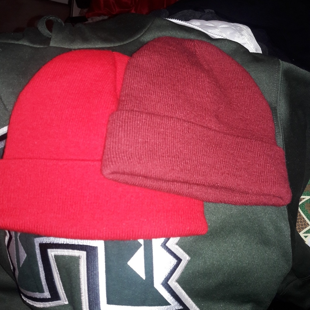 Red and burgundy beanies